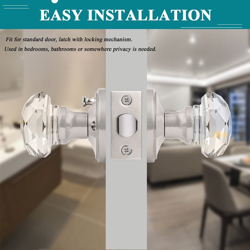 Orger 5 Pack Privacy Door Knobs  Clear Glass Door Handles with Satin Nickel Finish  Crystal Interior Door Handles for Bed/Bathroom  Zinc Alloy Round Rosette - Image 2